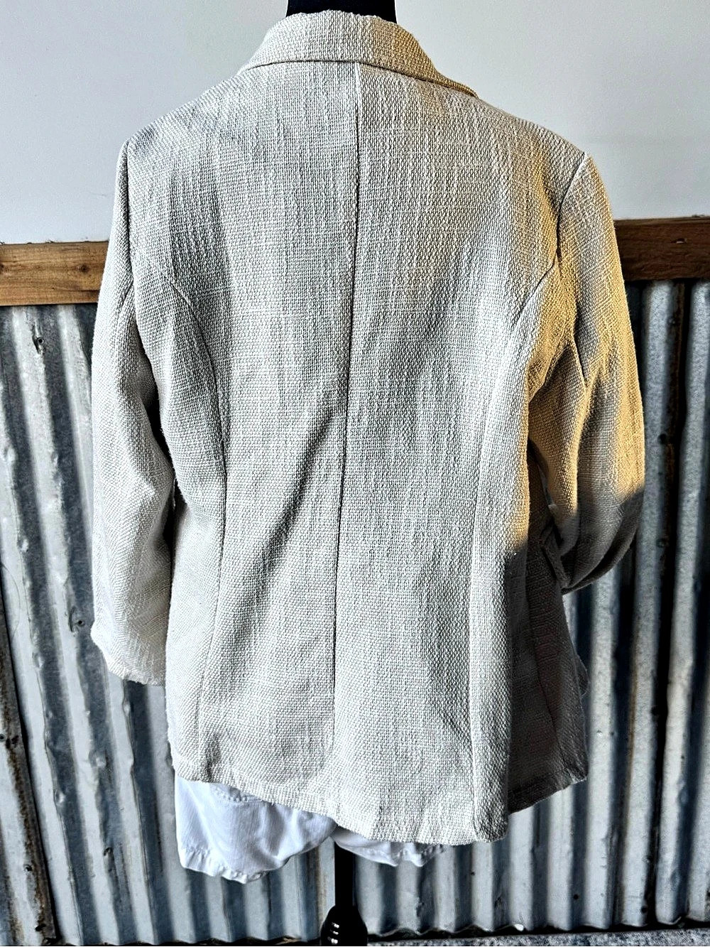 Cream Tweed Double Breasted Gold Button Blazer and Blue Striped Sweater - Picture 3 of 11